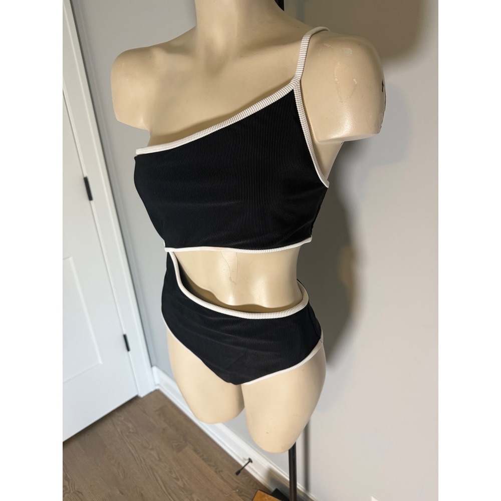 Beach Riot Celine One Piece Swimsuit Black White Ribbed Cutout One Shoulder M - Picture 3 of 6